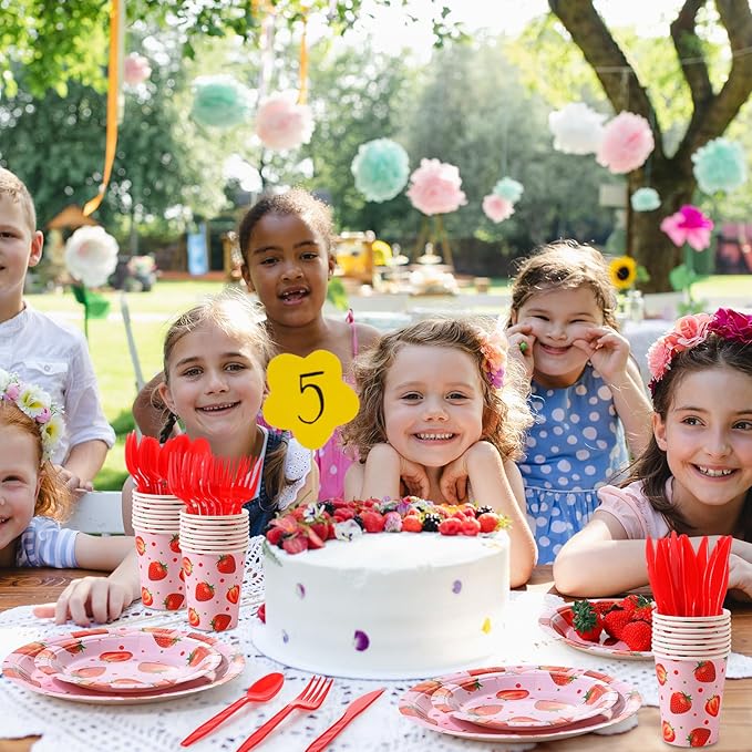 350 Pcs Strawberry Party Supplies Tableware Set Disposable 9'' 7'' Paper Plates 9 oz Cups Cutlery Napkins Dinnerware Set for 1st Berry First Birthday, Serve 50 (Strawberry, Red, Pink)