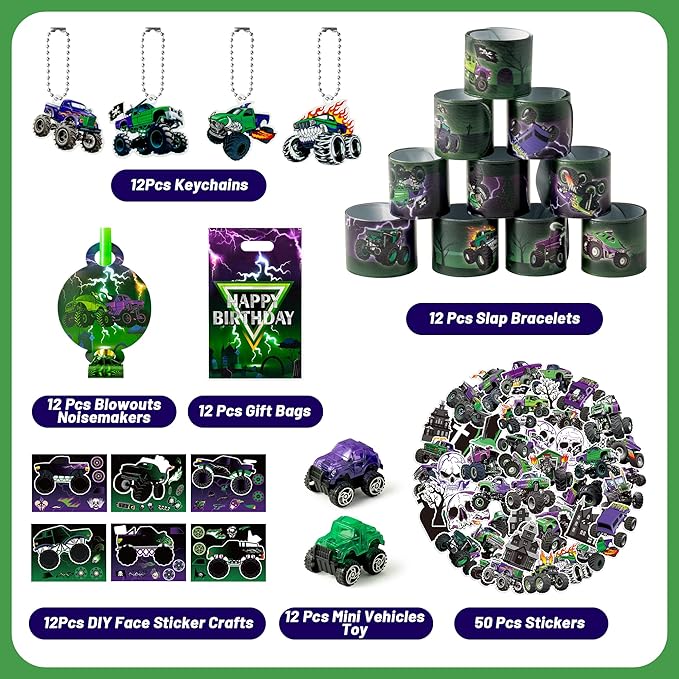 Haooryx Green Purple Monster Truck Party Favor - 122Pcs Monster Truck Slap Bracelets Sticker Blowouts Noisemaker Mini Vehicles Car Toy Keychain waith Gift Bag for Kids Birthday Party Goodie Bag Supply