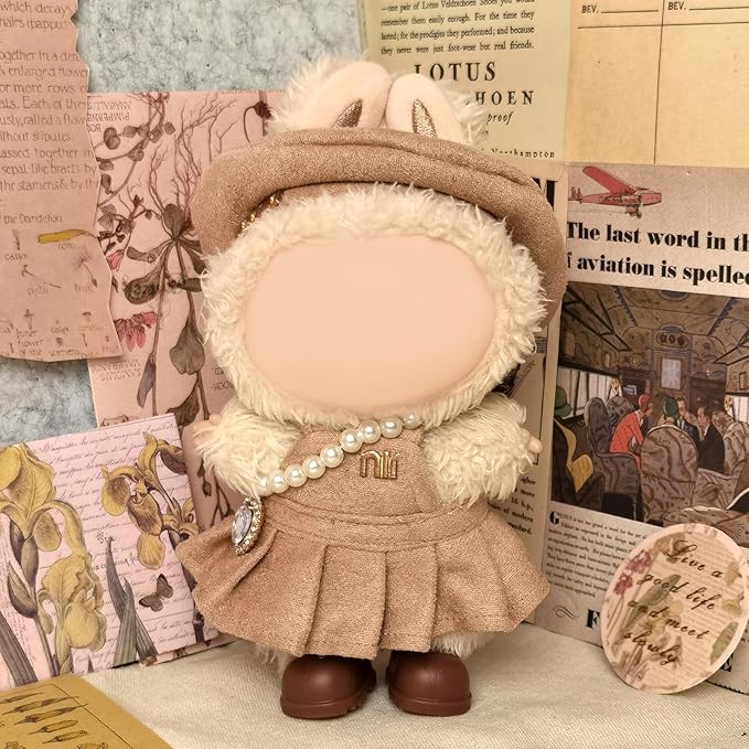 Clothes Compatible with LABUBU – Blue & White Tweed Dress with Bow, Bracelet & Shoes | 4PCS Couture-Inspired Outfit for 8-Inch Dolls (Mocha Beige Chic)
