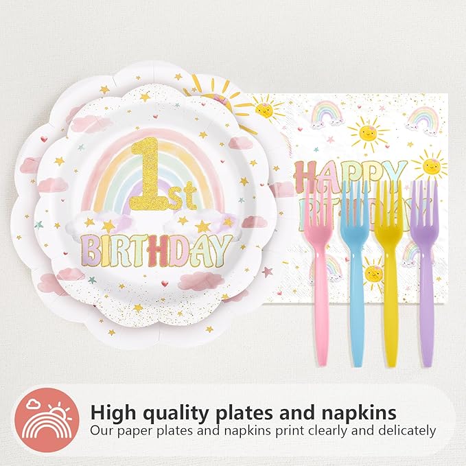 96Pcs Isn't She Onederful Birthday Party Decorations Isn't She Lovely First Birthday Paper Plates and Napkins Set Rainbow 1st Birthday Decoration for Girls One Year Old Bday Party Supplies Serves 24