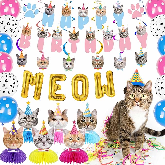 Cat Birthday Party Supplies Party Decorations Includes 1 Birthday Banner, 6 Honeycomb Centerpieces, 6 Hanging Swirls with 6 Cat Cutouts, MEOW Letter Balloons and 12 Balloons