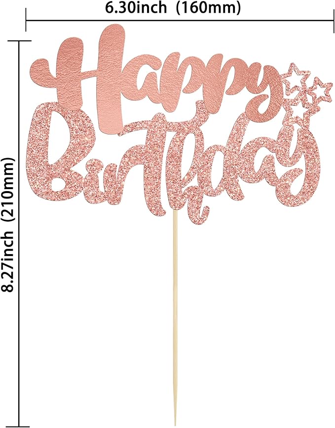 Ephlyn 1Pcs Happy Birthday Cake Topper Glitter Cake Pick for Celebrating Anniversary Theme Party Cake Decorations Supplies Rose Gold