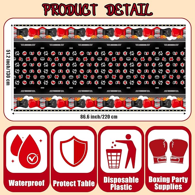 6Pcs Boxing Birthday Party Tablecloth - 108 x 54 Inches Plastic Boxing Gloves Table Cover Disposable Fight Sports Table Cloth for Kitchen Picnic Boxing Match Birthday Party Decor Supplies