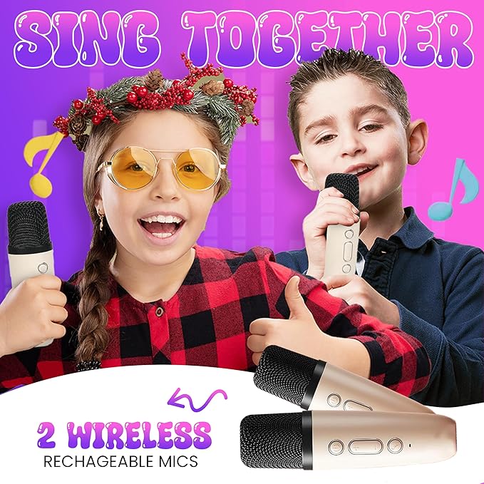 Mini Karaoke Machine Toy for Kids with 2 Wireless Microphones - Portable Bluetooth Kids Karaoke Machine, Fun Singing System for Children, Ideal Gift for Girls and Boys