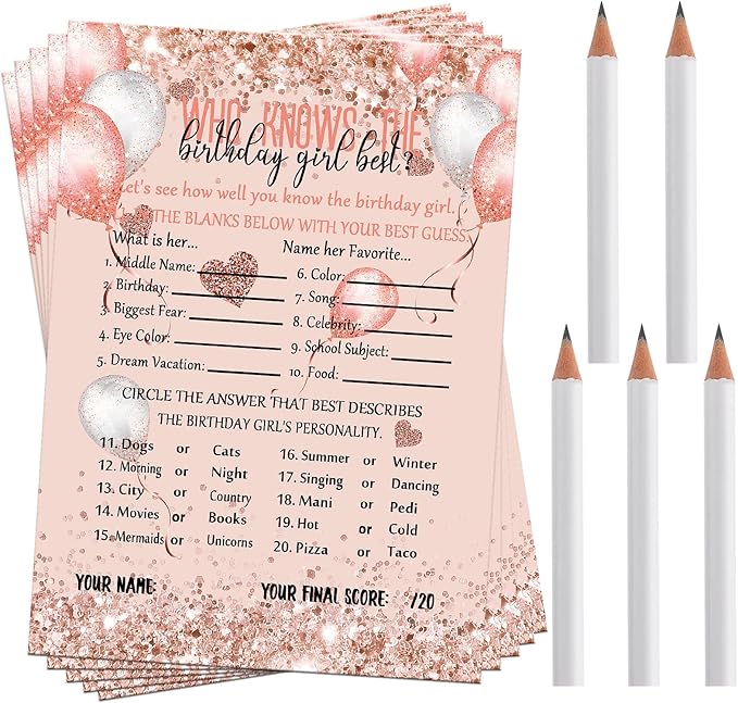 Leinuosen Who Knows The Birthday Girl Best Card 50 Pcs Birthday Party Game Set Girly Pink Rose Gold Sprinkles Themed Cards with 10 Pre Pointed Pencils for Teen Sweet Sleepover Party