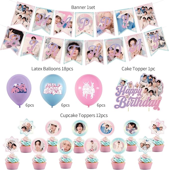 Birthday Party Supplies,MeiYiYou Birthday Decorations Set - Banners,Cake Toppers,21PCS Cupcake Toppers Perfect for Boys and Girls(Pink)
