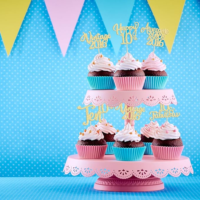 30Pcs Vintage 2016 Cupcake Toppers Glitter Happy 10th Birthday 10 Fabulous Cupcake Picks Cheers to 10 Years for 10th Birthday Wedding Anniversary Party Cake Decorations Supplies Gold
