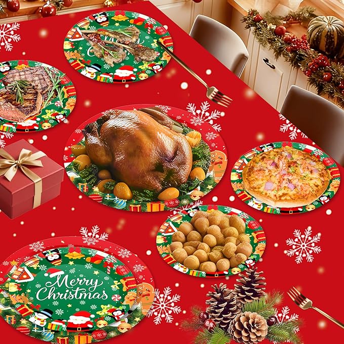 24 Pcs Merry Christmas Paper Plates - Cute Round Christmas Plates, Santa Claus Snowmen Dinner Dessert Plate Disposable Dinnerware Set for Winter Holiday Xmas Party Table Decorations Supplies Favors
