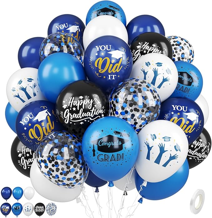 Blue Black White Graduation Balloons, 50 Pcs Congrats GRAD Cap Printed Balloons, 12 Inch Dark Navy Blue Black Confetti Latex Balloons Helium for Men Class of 2026 Happy Graduation Party Decorations