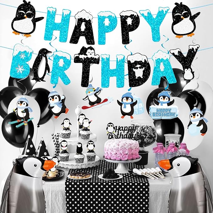 Zwiebeco Black Blue White Penguin Happy Birthday Banner Bunting Hanging Paper Swirls Garland Party Decorations for Baby Shower Winter Themed Boys Girls Bday Decor Accessories Supplies