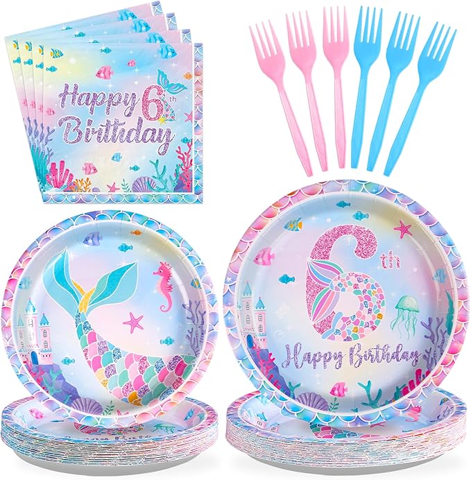 96Pcs Mermaid 6th Birthday Party Decorations for Girls Little Mermaid Plates and Napkins Tableware Sets Under the Sea Theme Decorations for Baby Shower 6 Years old Party Supplies Serves 24