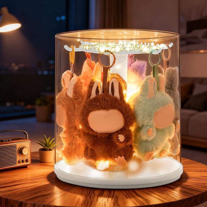 Rotating Acrylic Display Case with LED Lights for Figures & Collectibles – 6.7 Inch Dustproof Showcase for Labubu, Art Toys, Mini Figures & Blind Box Dolls (White)