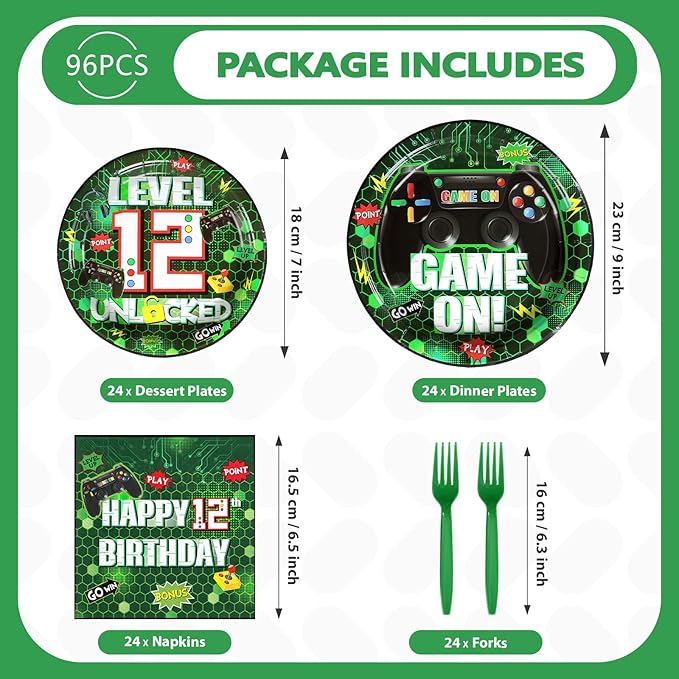 Grencian 96Pcs 12th Green Game Party Supplies Video Birthday Paper Plates and Napkins Tableware Sets Level Unlocked Game Themed Decorations for Kids Gaming Boys 12 Year Old Party Favors Serves 24