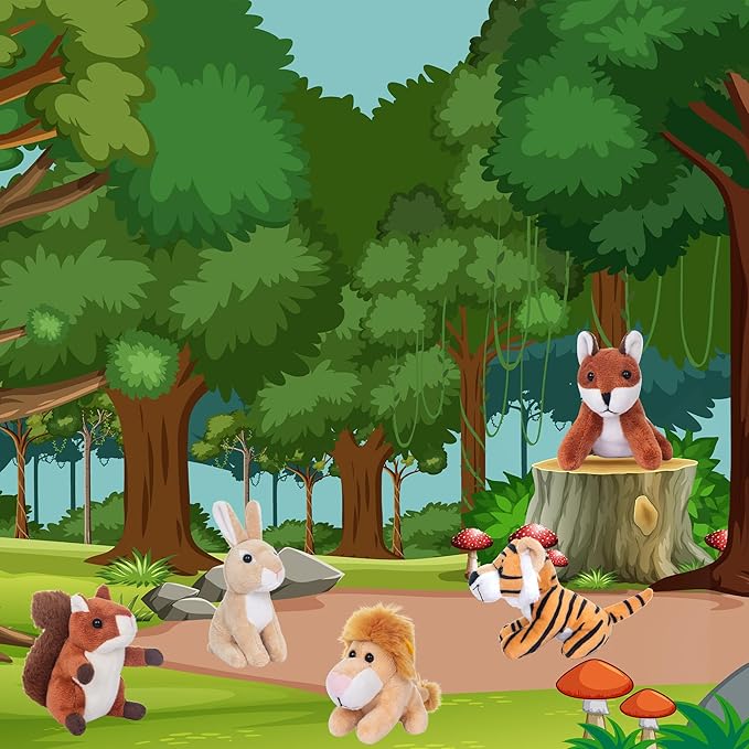 My OLi 10 Pack Plush Wild Animals Toys - 3.5 Inch Jungle Stuffed Animal Bulk Toys for Kids: Tiger Lion Elephant Monkey Hedgehog Rabbit Squirrel Owl Fox Bison, Set of 10