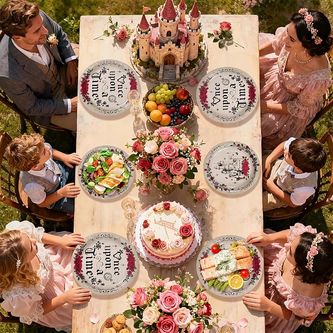 96Pcs Once Upon a Time Decorations Fairytale Birthday Plates and Napkins Retro Castle Princess Red Rose Decorations Tableware Sets for Birthday Wedding Bridal Shower Party Supplies Serves 24