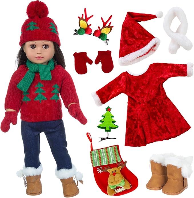 Ebuddy Doll Clothes & Accessories - Christmas Santa Costume Set for 17 & 18 Inch Dolls, Including Xmas Tree Sweater Set