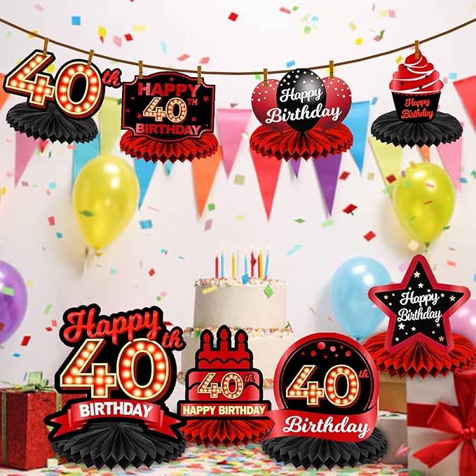 Happy 40th Birthday Red and Black Table Honeycomb Centerpieces Balloons Theme Decor Table Decorations Table Toppers for Girls Women Princess 40 Years Old Birthday Party Bday Supplies Background Gold