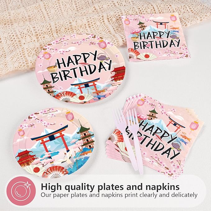 96 Pcs Hibachi Party Decorations Japanese Cherry Blossom Birthday Party Supplies Disposable Pink Hibachi Paper Plates Tableware for Birthday Hibachi Japanese Party Decorations Serves 24