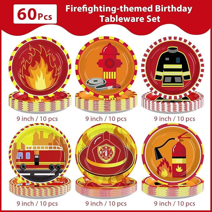 Grencian 60Pcs Firetruck Paper Plates 9" Large Disposable Heavy Duty Red Fire Truck Birthday Platter Firefighter Themed Dessert Plate for Kids Boys Birthday Fireman Fire Lunch Dinner Party Decoration