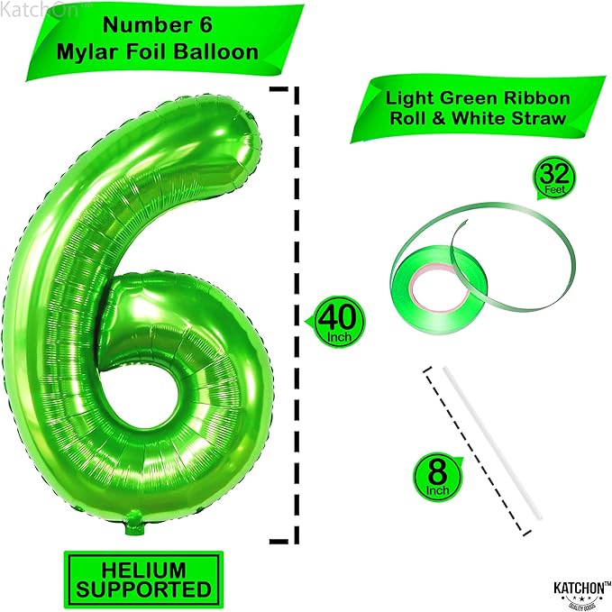 KatchOn, Giant Light Green Number 6 Balloon - 40 Inch | 6th Birthday Balloon for 6th Birthday Decorations | 6 Balloons for Birthday | 6 Year Old balloon for 6 Year Decorations