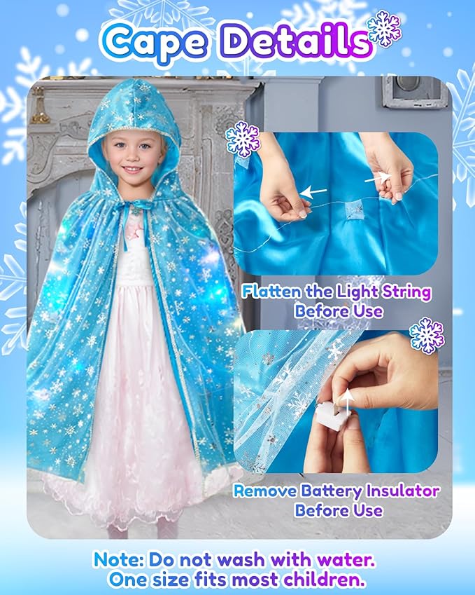 Frozen Toys for Girls-Princess Dress Up Set, 3 Lighting Mode Princess Cape, Music & Light Up Wand, Kids Makeup Kit, Wig, Mask, Gloves, Dress-up Accessories for Princess Cosplay Costume for Girl Age 3+