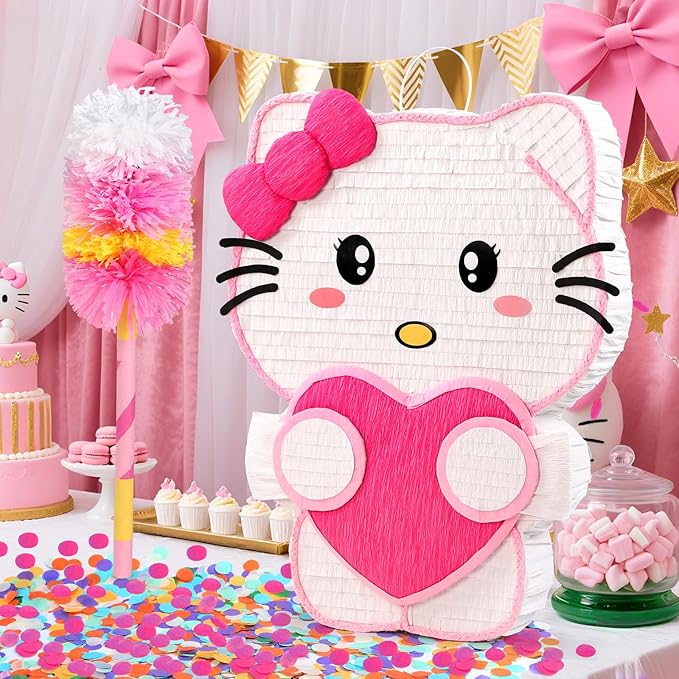 21" Pinata for Birthday Party - 3D Pink Large Pinata, 24" Bat Stick, Eye Mask, Rope - Cute Love Heart Design, Large Party Decoration & Candy Holder for Girls Kids Theme Party, Room Decor & Centerpiece