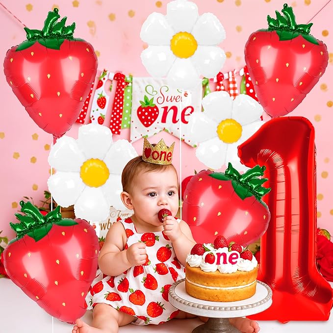 8pcs Berry First Birthday Decor Berry 1st Birthday Decorations for Girl with 40" Red One Balloon for First Bday Decorations Foil Helium Balloons 1st Girl Party Supplies