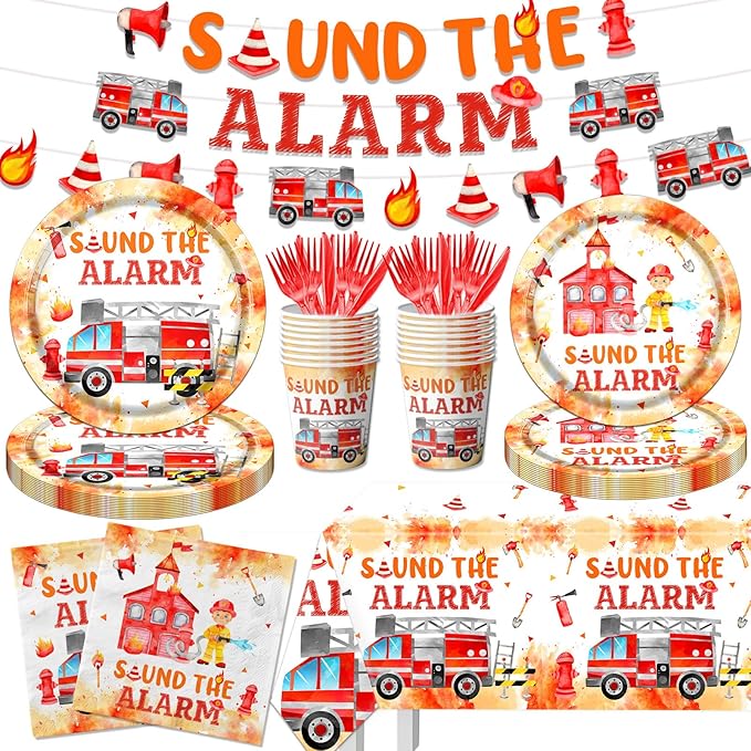 Firefighter Birthday Party Decorations, Firetruck Birthday Decorations 142pcs Tableware Set Include Plates,Napkins,Cups,Banner,Sound The Alarm Tablecloth For Fireman Fire Truck Party Supplies