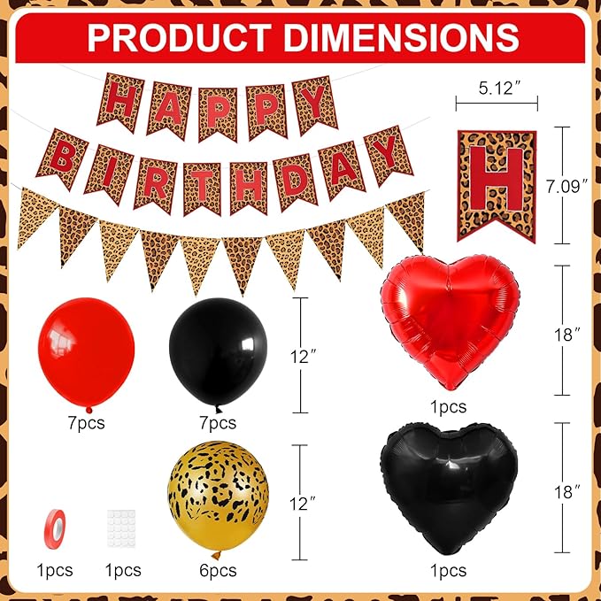 Red Black Leopard Birthday Decorations, Gold Cheetah Print Animal Balloons Black Red and Heart Balloons, Cheetah Happy Birthday Banner for Safari Wild Birthday Baby Shower Jungle Theme Party Supplies