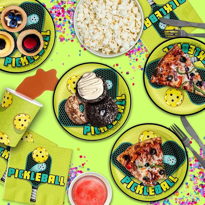 Pickle Ball Birthday Party Supplies - Pickleball Party Supplies - Summer Paper Plates | Disposable Tableware Set Includes Plates Napkins and Cups | Kit for 16