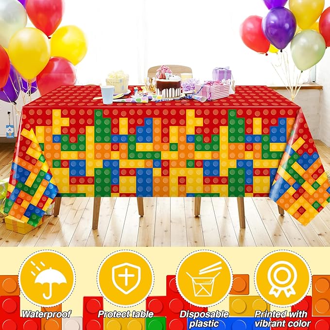 Oudain 4 Pcs Building Block Tablecloths - Colorful Birthday Party Decorations, 54 x 108 Inch Disposable Plastic Brick Table Cover, Waterproof Themed Party Supplies (Red)