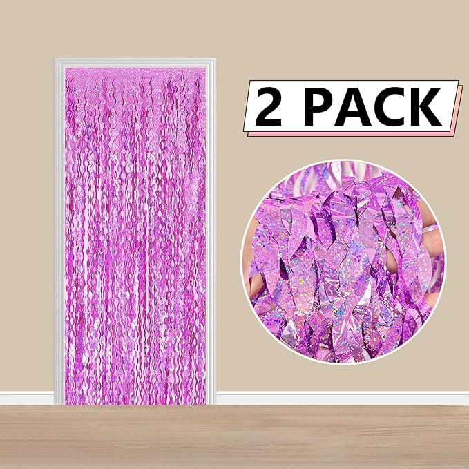 2 Pack Pink Wavy Foil Fringe Curtains, 3.3x6.6 Ft Metallic Tinsel Wavy Backdrop Party Decorations Door Pink Streamers for Birthday Wedding Engagement Decor,Party Supplies