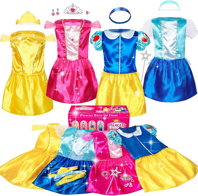 Girls Princess Dress Up Trunk, Pretend Play Costumes Princess Role Play Set 15pcs Girls Dress up Clothes for Toddler Age 3 4 5 6 Years with 4 Tops,4 Princess Dresses Crown Necklaces