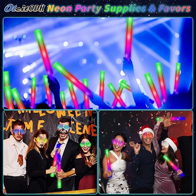 Glow Sticks Bulk Party Pack, 60 Pcs: Light Up Glasses, Foam Glow Sticks, Neon Accessories, Glow in the Dark Party Supplies Set for Disco, Wedding, Birthday, Concert, Halloween, Raves