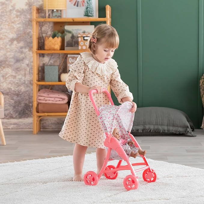 Corolle Mon Premier Poupon Foldable Baby Doll Stroller Set - Lightweight Toy Stroller for Toddlers 1-3 - Pink & White Doll Carriage for 12 Inch Dolls