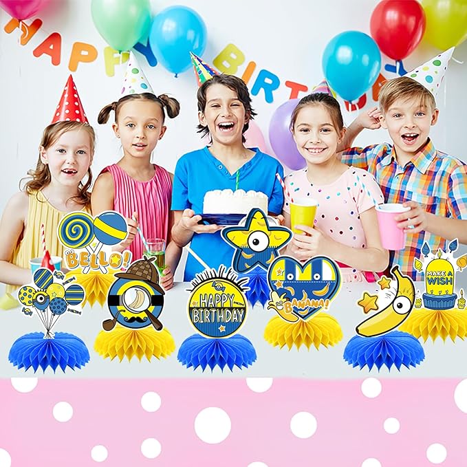 8Pcs Yellow Cartoon Party Supplies Set Honeycomb Centerpieces Double Sided Table Topper for Birthday Decorations