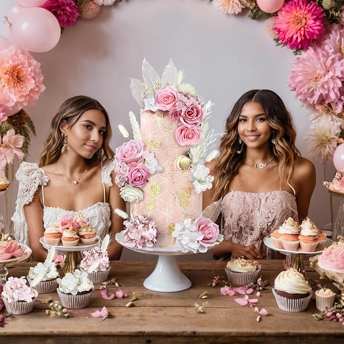 33 PCS Boho Cake Topper Decorations Vintage Artificial Rose Flowers Leaves Various Dried Pampas Grass for Cake Decorating Kit for Wedding Bridal Birthday Party Supplies (Pink)