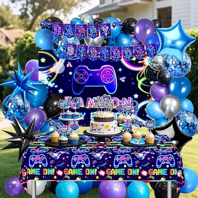 Video Game Birthday Decorations for Boys, Happy Birthday Banner Backdrop, Gaming Tablecloth, Blue Purple Balloon Arch Kit, Cake & Cupcake Topper, Kid Gamer Birth day Decorations Party Supplies