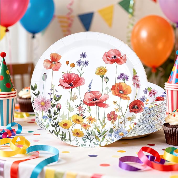 50Pcs Poppy Floral Party Supplies 9" Heavy Duty Watercolor Wildflowers Paper Plates Disposable Red Poppy Flowers Platter for Seasonal Bridal Shower Birthday Wedding Picnic Party Decorations