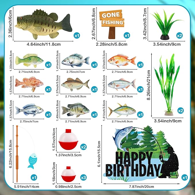 Hooqict 22Pcs Fishing Cake Decorations Set with Mini Bass Happy Birthday Cake Toppers & Fish Cupcake Toppers for Fisherman Gone Fishing Birthday Party Decorations Retirement Party Supplies Fathers Day