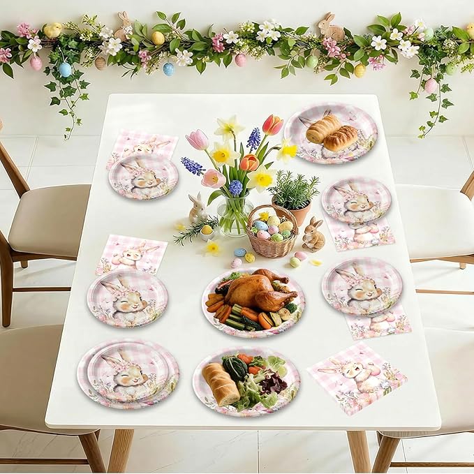 150 Pcs Easter Paper Plates and Napkins Sets Party Supplies - Disposable Cute Pink Plaid Easter Bunny Eggs Dinner Plate Napkin Paper Tableware for Spring Easter Table Decorations Party Supply,Serve 50