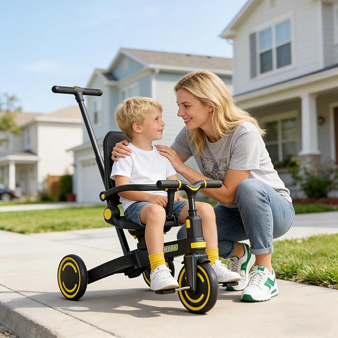 WinHope 9-in-1 Push Tricycle for Toddlers 1-3 Years, Convertible Kids Trike with Push Handle & Safety Belt, One-Client Foldable Design + Storage Basket, Birthday Gift and Toy for Boys and Girls(Black)