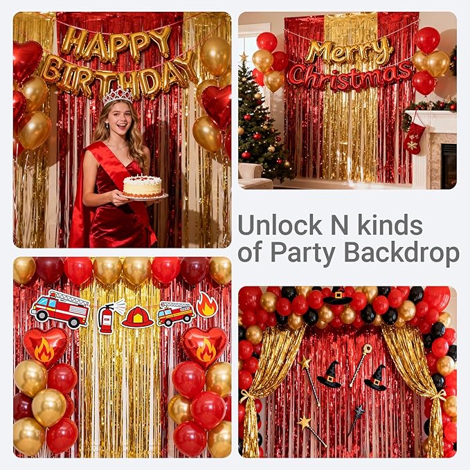 3 Packs Red Gold Foil Fringe Curtains Extra Wide 9.9ft for Birthday Party Tinsel Backdrop Movie Night Decor Farewell Party Streamer,Retirement Decorations, Backdrop for Graduations Each 3.3 x 6.5 ft