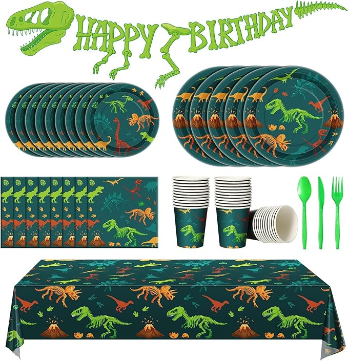Uiifan 171 Pcs Dinosaur Birthday Decorations Party Supplies with Dinosaur Birthday Plates Paper Cups Table Cloths Napkins Tableware Pack Dino Banner for Dino Theme Party Plates Supplies Decorations