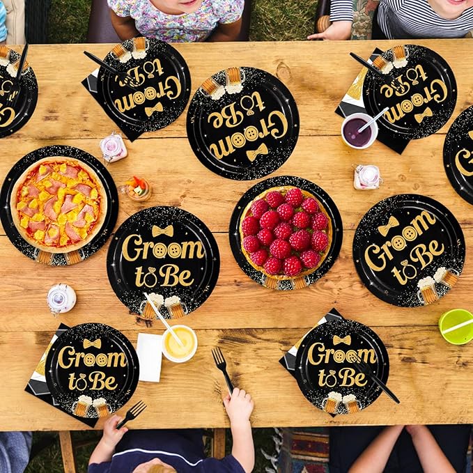 96Pcs Groom to Be Party Supplies Groom Shower Bachelor Plates and Napkins Black Gold Theme Party Disposable Paper Tableware Set for Engagement Wedding Bridal Shower Party Supplies Serves 24