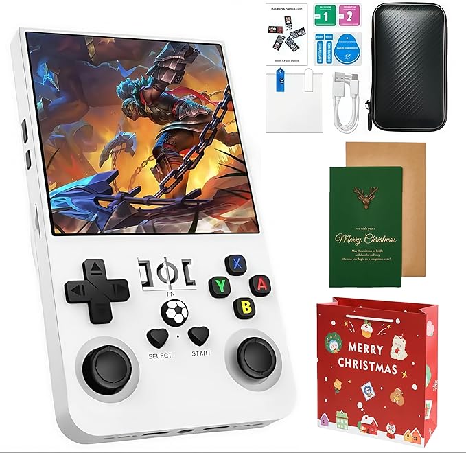 MYCHA R36MAX Retro Handheld Game Console Christmas Set with Gift Card & Bag,4 inch HD IPS Screen 128GB 21000+Classic Games,Portable Gift for Gamer (White Set)