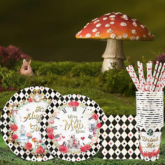 Alice Tea Party Decorations - Baby Shower Paper Plates, Napkins, Cups & Straws for 24 Guests, 120 Pcs Disposable Party Dessert Dinnerware