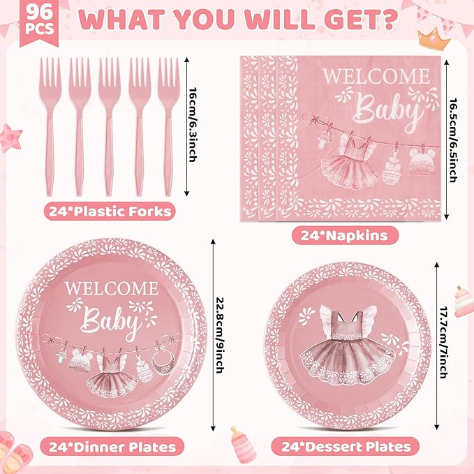 96Pcs Pink Platos De Barro Mexicanos Baby Shower Party Plates Supplies Welcome Baby Cielito Lindo Terracotta Tableware Decorations Disposable Paper Plates Napkins Forks for Birthday, Serves 24