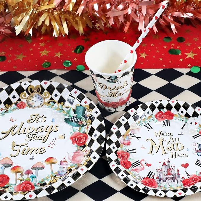 Alice Tea Party Decorations - Baby Shower Paper Plates, Napkins, Cups & Straws for 24 Guests, 120 Pcs Disposable Party Dessert Dinnerware