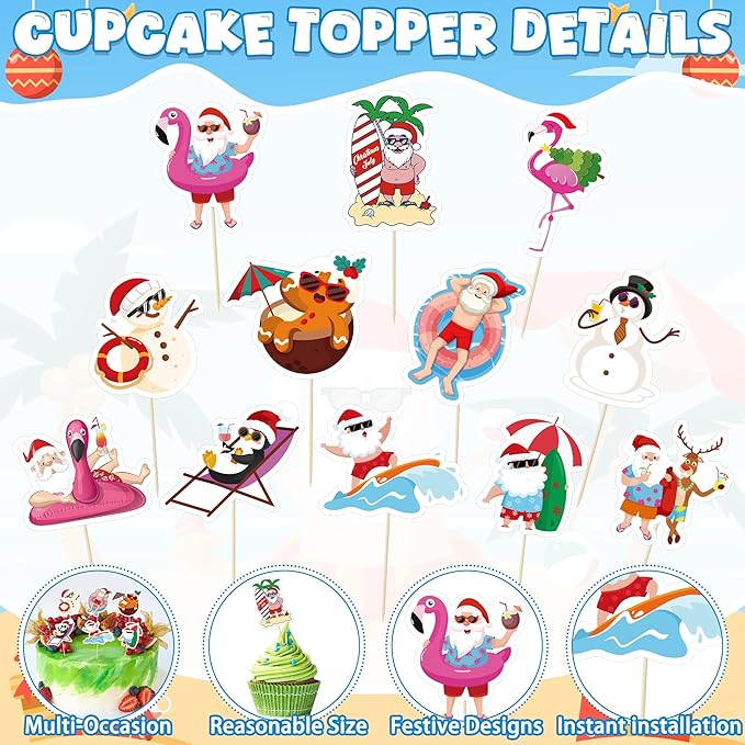 24Pcs Summer Christmas Cupcake Toppers, Santa Beach Cupcake Toppers for Xmas in July Decorations, Paper Summer July Christmas Cake Picks Flamingo Cake Topper Beach Pool Party Theme
